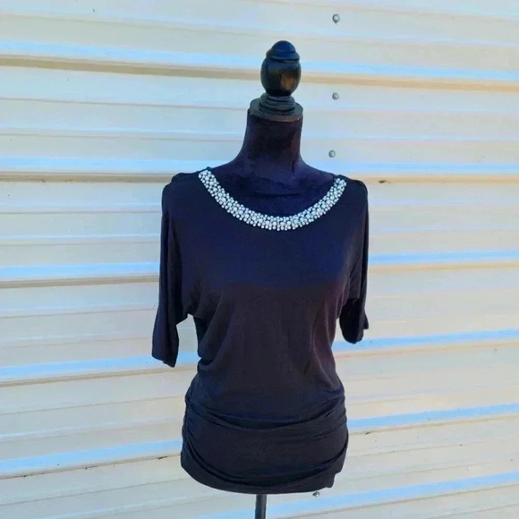Lashes Women's BLACK Jeweled Beaded Stretch Rutched Side Knit TOP Size M - Picture 1 of 10